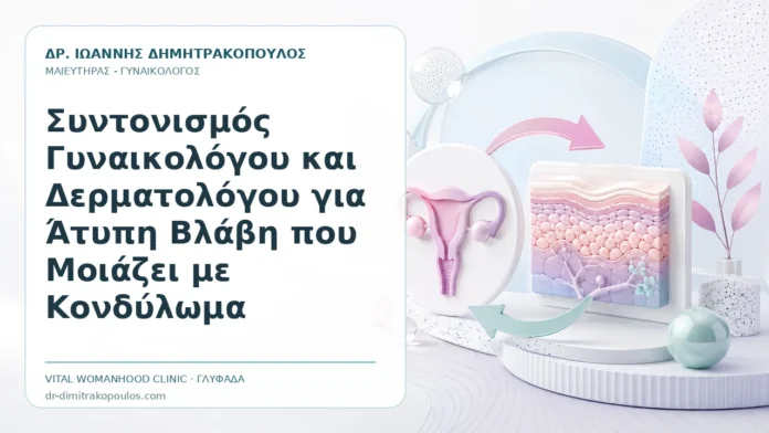 Συντονισμός Γυναικολόγου και Δερματολόγου για Άτυπη Βλάβη που Μοιάζει με Κονδύλωμα Συντονισμός Γυναικολόγου και Δερματολόγου για Άτυπη Βλάβη που Μοιάζει με Κονδύλωμα - Δρ. Ιωάννης Δημητρακόπουλος, Γυναικολόγος Γλυφάδα