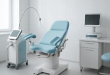 Σύγχρονο γυναικολογικό ιατρείο με ιατρικό εξοπλισμό laser και οθόνες παρακολούθησης σε φωτεινό χώρο, επαγγελματικό περιβάλλον χωρίς άτομα