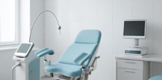 Σύγχρονο γυναικολογικό ιατρείο με ιατρικό εξοπλισμό laser και οθόνες παρακολούθησης σε φωτεινό χώρο, επαγγελματικό περιβάλλον χωρίς άτομα