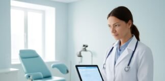 Σύγχρονο γυναικολογικό ιατρείο με ιατρικό εξοπλισμό και γιατρό σε συμβουλευτική συνεδρία