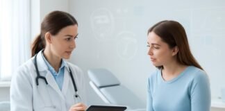 Ιατρείο γυναικολογικής εξέτασης με γιατρό και ασθενή σε συζήτηση, ψηφιακή απεικόνιση ιατρικών δεδομένων