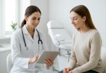 Σύγχρονο ιατρείο γυναικολογίας με ιατρό σε συζήτηση με ασθενή χρησιμοποιώντας tablet, επαγγελματικό και φωτεινό περιβάλλον