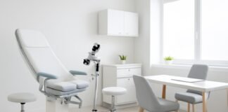 Σύγχρονο γυναικολογικό ιατρείο με ιατρικό εξοπλισμό και χώρο συμβουλευτικής χωρίς ασθενείς