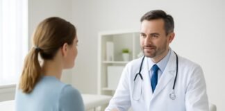 Γιατρός σε φιλικό ιατρικό περιβάλλον συμβουλεύει ασθενή σχετικά με αναίμακτη διαπλαστική
