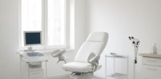 Σύγχρονο φωτεινό γυναικολογικό ιατρείο με εξοπλισμό χωρίς παρουσία ανθρώπων