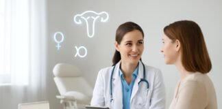 Σύγχρονο ιατρείο γυναικολογίας με ιατρό και ασθενή σε φιλικό περιβάλλον, καθαρό και φωτεινό χώρο χωρίς ανατομικές απεικονίσεις, έμφαση σε ιατρικό εξοπλισμό και τεχνολογία, επαγγελματική ατμόσφαιρα, Δρ. Ιωάννης Δημητρακόπουλος • Μαιευτήρας - Χειρουργός Γυναικολόγος