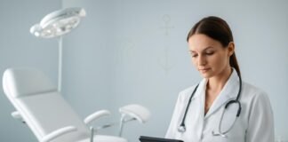 Φωτεινό και σύγχρονο γυναικολογικό ιατρείο με γιατρό και εξοπλισμό σε συμβουλευτική συνεδρίαση με ασθενή, συμβολική εικόνα διάγνωσης και θεραπείας γυναικολογικών παθήσεων, χωρίς ανατομία ή εκτεθειμένα σώματα, επαγγελματική ατμόσφαιρα, Δρ. Ιωάννης Δημητρακόπουλος • Μαιευτήρας - Χειρουργός Γυναικολόγος