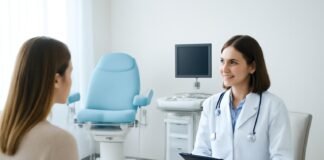 Φωτεινό σύγχρονο ιατρείο γυναικολογίας με ιατρικό εξοπλισμό και περιβάλλον συμβουλευτικής