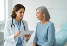 Αντιμετώπιση της Αιμορραγίας μετά την Εμμηνόπαυση: Πότε Χρειάζεται Γυναικολογική Αξιολόγηση; Σύγχρονο ιατρείο γυναικολογικής συμβουλευτικής με γιατρό και ασθενή σε συζήτηση