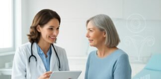 Σύγχρονο ιατρείο γυναικολογικής συμβουλευτικής με γιατρό και ασθενή σε συζήτηση