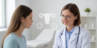 Σύγχρονο ιατρείο γυναικολογίας με χειρουργό που συμβουλεύει ασθενή σε tablet κατά τη διάρκεια ραντεβού