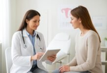 Σύγχρονο ιατρείο γυναικολογίας με γιατρό και ασθενή σε συμβουλευτική συνεδρία