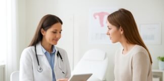Σύγχρονο ιατρείο γυναικολογίας με γιατρό και ασθενή σε συμβουλευτική συνεδρία