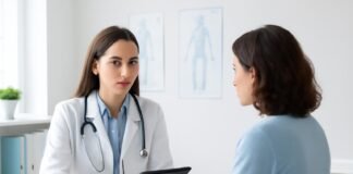 Ιατρική συνεδρία σε σύγχρονο ιατρείο με γυναικολόγο και ασθενή συζητούν θεραπεία για ακράτεια ούρων