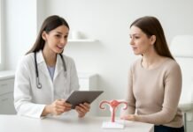 Consultation in modern gynecological clinic with patient and doctor reviewing treatment options on tablet, representing care for heavy menstrual bleeding therapy