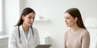 Consultation in modern gynecological clinic with patient and doctor reviewing treatment options on tablet, representing care for heavy menstrual bleeding therapy