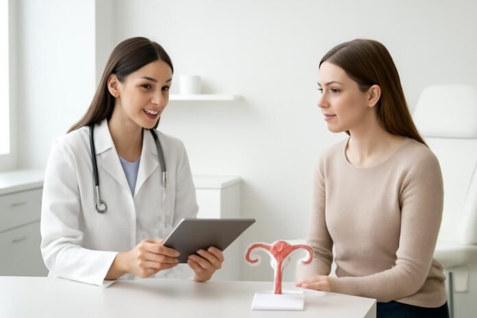 Consultation in modern gynecological clinic with patient and doctor reviewing treatment options on tablet, representing care for heavy menstrual bleeding therapy
