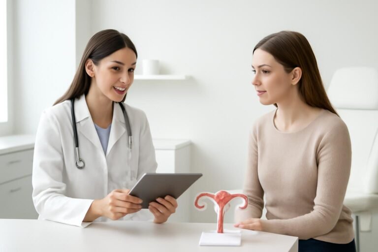 Consultation in modern gynecological clinic with patient and doctor reviewing treatment options on tablet, representing care for heavy menstrual bleeding therapy