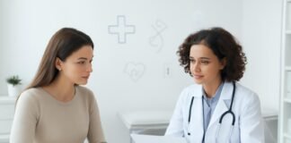 Γυναικολογικό ιατρείο σε φωτεινό και μοντέρνο χώρο με γιατρό και ασθενή σε συζήτηση, με ιατρική σύμβολα και tablet στο τραπέζι, επαγγελματικό περιβάλλον για γυναικολογική αξιολόγηση και θεραπεία γαλακτόρροιας, χωρίς ανατομία ή ευαίσθητο περιεχόμενο