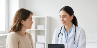 Ιατρική συμβουλευτική σε γυναικολογικό ιατρείο με γιατρό και ασθενή σε σύγχρονο περιβάλλον χωρίς ανατομικά στοιχεία, φωτεινή και επαγγελματική εικόνα.