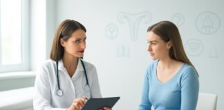 Φωτεινό σύγχρονο ιατρείο γυναικολόγου με ασθενή και γιατρό σε συμβουλευτική συζήτηση, διακριτικά διαγνωστικά σύμβολα στην εικόνα, επαγγελματικό περιβάλλον στη Γλυφάδα