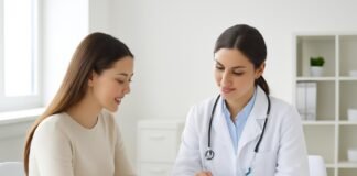 Γυναίκα σε ραντεβού γυναικολογικής συμβουλευτικής με γιατρό σε σύγχρονο ιατρείο με tablet και χαμογελαστή ατμόσφαιρα, χωρίς ανατομικές απεικονίσεις ή ευαίσθητο περιεχόμενο. Σαφής, φωτεινός χώρος με ιατρικό εξοπλισμό.