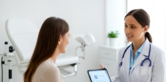Φωτεινό σύγχρονο ιατρείο γυναικολογίας με ιατρικό εξοπλισμό και tablet για συμβουλευτική γυναίκας.