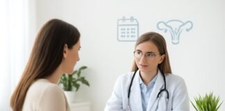 σύγχρονο άδειο ιατρείο γυναικολόγου με εξοπλισμό και διαγνωστικά σύμβολα έναντι λευκού φόντου για άρθρο δερμοειδούς κύστης ωοθήκης Δρ Δημητρακόπουλος