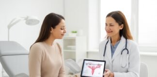 Φωτεινό σύγχρονο ιατρείο γυναικολογίας με ιατρικό εξοπλισμό και ιατρό που συμβουλεύει ασθενή με tablet