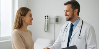 Σύγχρονο ιατρείο γυναικολογίας με γιατρό και ασθενή σε συζήτηση, διακριτικά ιατρικά αντικείμενα.