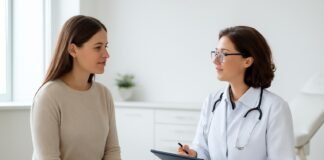 Φωτεινό σύγχρονο γυναικολογικό ιατρείο με ραντεβού γυναίκας και γιατρού, επαγγελματική ατμόσφαιρα στο χώρο υγείας