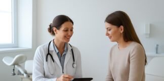 Bright modern gynecology clinic consulting room with doctor and patient discussing treatment options using tablet, natural lighting, clean minimalist design