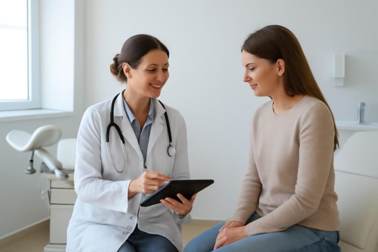 Bright modern gynecology clinic consulting room with doctor and patient discussing treatment options using tablet, natural lighting, clean minimalist design