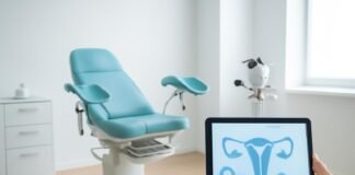 Σύγχρονο γυναικολογικό ιατρείο με ιατρικό εξοπλισμό και tablet με ιατρικά διαγράμματα για επαγγελματική φροντίδα αιδοιοπλαστικής αποθεραπείας, φωτεινή ατμόσφαιρα και καθαρότητα εικόνας