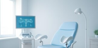 Σύγχρονο γυναικολογικό ιατρείο με ιατρικό εξοπλισμό και tablet με αφηρημένο ιατρικό διάγραμμα
