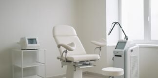 Σύγχρονο γυναικολογικό ιατρείο με ιατρικό εξοπλισμό και laser, επαγγελματικό περιβάλλον χωρίς ασθενή