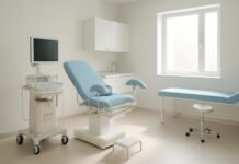 Σύγχρονο φωτεινό γυναικολογικό ιατρείο με ιατρικό εξοπλισμό σε καθαρό και φιλόξενο περιβάλλον, χωρίς ασθενείς, φυσικό φως