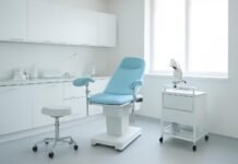 Σύγχρονο ιατρικό γυναικολογικό ιατρείο με φωτεινό και καθαρό περιβάλλον, χωρίς χρήση ασθενών ή όγκων σώματος, εικόνα για γυναικολογική φροντίδα και ιατρική αξιολόγηση
