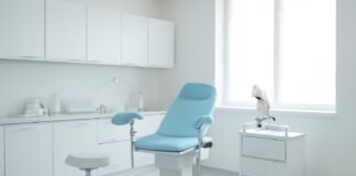 Σύγχρονο ιατρικό γυναικολογικό ιατρείο με φωτεινό και καθαρό περιβάλλον, χωρίς χρήση ασθενών ή όγκων σώματος, εικόνα για γυναικολογική φροντίδα και ιατρική αξιολόγηση