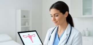 Γυναικολόγος αξιολογεί ψηφιακά δεδομένα σε tablet σε σύγχρονο ιατρείο