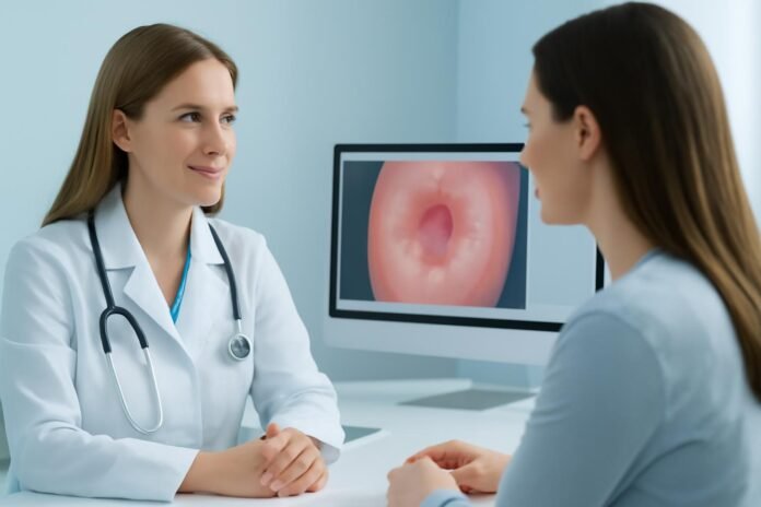 Αξιολόγηση και Διαχείριση Κονδυλωμάτων HPV: Εξατομικευμένη Φροντίδα Γυναικών στη Γλυφάδα Ιατρική συζήτηση γυναικολόγου με ασθενή και οθόνη κολποσκόπησης στον ιατρείο στη Γλυφάδα