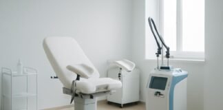 Ιατρικό χειρουργικό laser σε σύγχρονο γυναικολογικό ιατρείο για θεραπεία κονδυλωμάτων HPV στη γυναίκα, φωτεινό και επαγγελματικό περιβάλλον