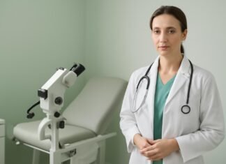 Αξιολόγηση και Θεραπεία Υποτροπών Κονδυλωμάτων HPV: Συνεχής Φροντίδα για Γυναίκες στη Γλυφάδα Δρ Δημητρακόπουλος σε γυναικολογικό ιατρείο εξετάζει αποτελέσματα κολποσκόπησης για υποτροπές κονδυλωμάτων HPV