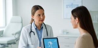 Σύγχρονο γυναικολογικό ιατρείο με ιατρικό εξοπλισμό και ψηφιακά διαγράμματα κατά τη διάρκεια συμβουλευτικής
