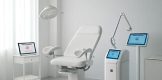 Σύγχρονο γυναικολογικό ιατρείο με ιατρικό laser και ψηφιακό εξοπλισμό για αξιολόγηση κονδυλωμάτων HPV σε γυναίκες