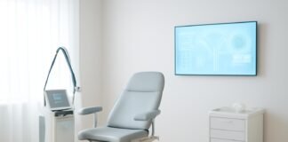 Σύγχρονο γυναικολογικό ιατρείο με εξοπλισμό laser και ιατρικές απεικονίσεις σε οθόνη
