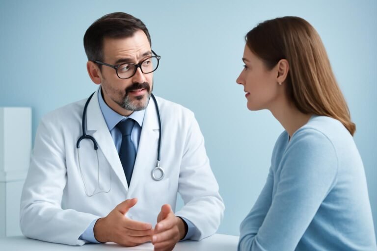 Γιατρός γυναικολόγος συζητά με γυναίκα ασθενή σε ιατρικό γραφείο στη Γλυφάδα χωρίς ορατές ανατομικές λεπτομέρειες