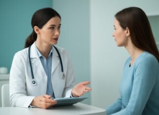 Αξιολόγηση Συμπτωμάτων Κονδυλωμάτων HPV: Πότε να Επισκεφθείτε τον Γυναικολόγο στη Γλυφάδα Γυναικολόγος συζητά με γυναίκα ασθενή στο ιατρείο στη Γλυφάδα