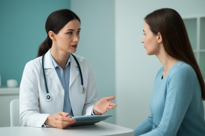 Αξιολόγηση Συμπτωμάτων Κονδυλωμάτων HPV: Πότε να Επισκεφθείτε τον Γυναικολόγο στη Γλυφάδα Γυναικολόγος συζητά με γυναίκα ασθενή στο ιατρείο στη Γλυφάδα