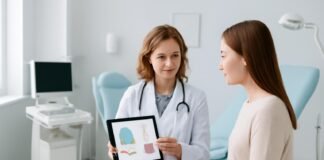 Σύγχρονο γυναικολογικό ιατρείο με ιατρικό εξοπλισμό και γιατρό σε συμβουλευτική συνεδρίαση